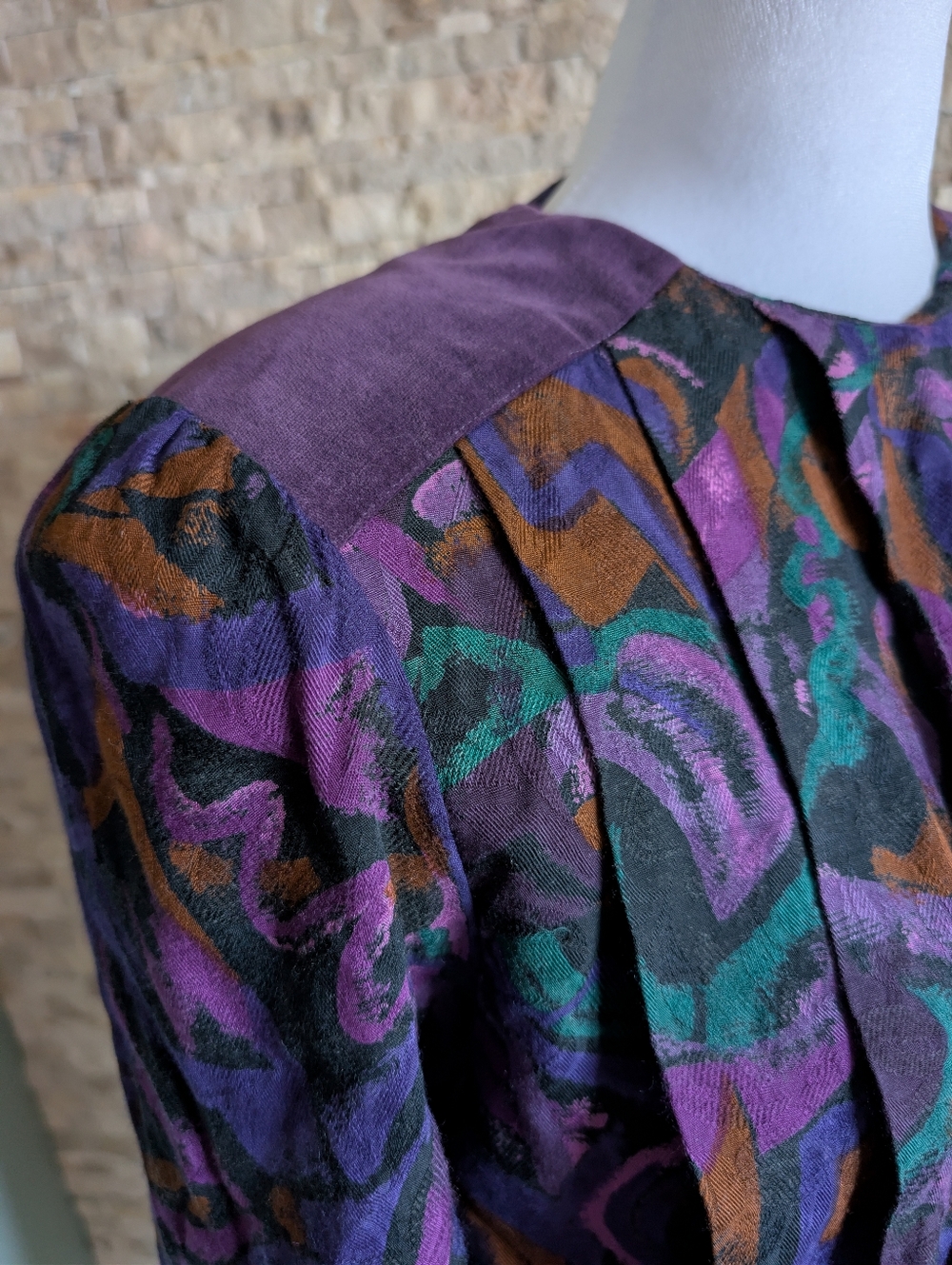 80s Abstract Geometric Print Midi Dress Purple Teal Rayon Wool Shoulder Pads M image 6